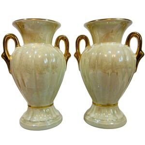 Vtg Pearl China Co. 2 Pearlized Iridescent Vases 22K Gold Handles & accents